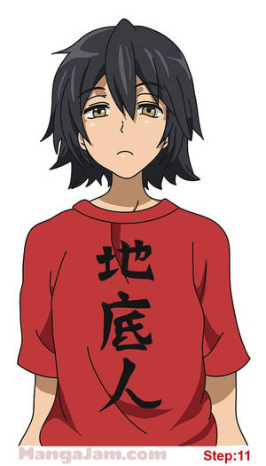 黑髮綠眼的動漫男孩穿著帶有日文字符的紅色襯衫。