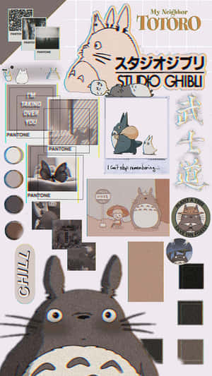 Studio Ghibli 龍貓拼貼畫，包含海報、照片和 Pantone 色板。
