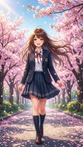 穿著校服的動漫少女在春天櫻花樹下漫步。