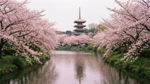 粉紅櫻花樹環繞著流向日本寶塔的河流