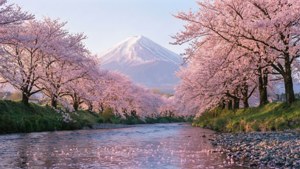 粉紅色櫻花沿河排列，遠處是富士山 — 日本 壁紙