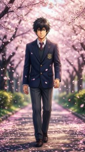 動畫男孩穿著校服在春天盛開的櫻花下行走。