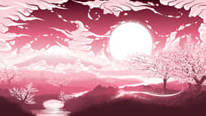 夜晚發光的月亮下的粉紅色櫻花樹和石橋。
