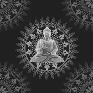 一尊佛像在冥想，周圍是複雜的曼陀羅圖案，背景為深色。