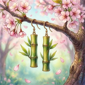 竹製耳環掛在櫻花樹上，花瓣飄落。