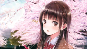 穿著校服的動漫女孩在櫻花樹下，花瓣飄落。 — 可愛動漫女仔 壁紙