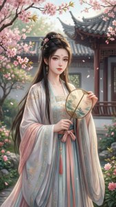 身穿傳統長袍的女士在亭閣附近的櫻花下拿著扇子。