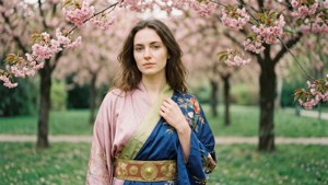 春天公園櫻花樹下穿著傳統和服的女士