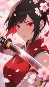 紅眼黑髮的動漫女孩，被櫻花環繞，握著武士刀。