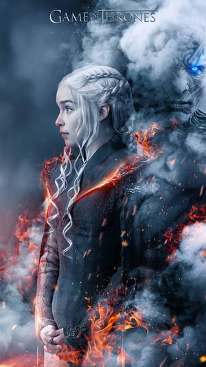Daenerys Targaryen 被火焰包圍，身後有一個幽靈般的冰人。