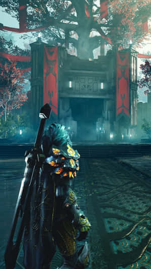 暗色盔甲戰士站在霧氣神社前，有紅色旗幟和發光燈籠。
