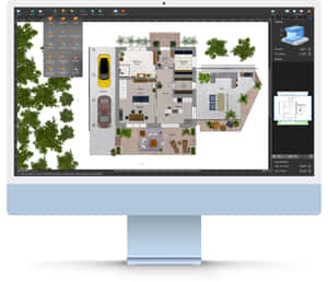 電腦屏幕顯示3D建築設計軟件，包含房屋平面圖和園林景觀。 — Mac GIF 壁紙