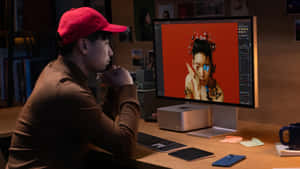 設計師在昏暗的工作室中查看電腦顯示器上的彩色數碼肖像。 — Mac GIF 壁紙