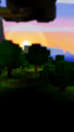 日落時像素化的Minecraft森林與漂浮島嶼