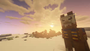 像素化Minecraft貓在沙漠中夕陽西下，方塊樹和發光的天空。