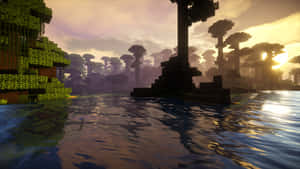 在Minecraft風格的鮮豔夕陽下，方塊叢林樹木矗立於水中。