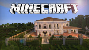 Minecraft大宅，白色柱子和木屋頂，在日落時分的草地景觀中。