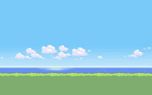草地、海洋和天空與雲朵的像素藝術場景