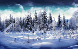 夜晚發光的月亮下雪覆蓋的松樹林