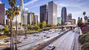 一條繁忙的高速公路，汽車在明亮的藍天下流過高樓大廈和棕櫚樹。