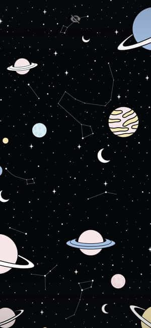粉彩色的行星、星星和星座在簡約的宇宙夜空中漂浮。