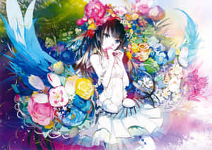 擁有藍色翅膀和花冠的動漫女孩，被盛開的花朵環繞。