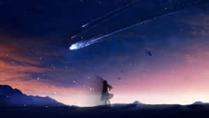 女孩在暮色中觀看山脈上方流星的剪影。 — 天空景觀 壁紙