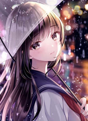 穿著水手服的動漫女孩在夜晚的雨城中拿著透明雨傘，周圍是閃爍的燈光。