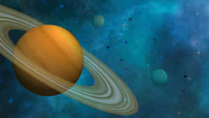 一顆帶有衛星的大型環狀行星，位於星光閃爍的藍綠色星系中。