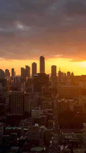 日落時分的城市天際線，高樓大廈在橙色和紫色天空下形成剪影。