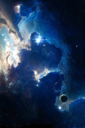 充滿活力的藍色和金色星雲，帶有閃爍的星星和兩顆行星，在深空中。 — Astroworld GIF 壁紙