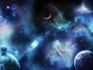 廣闊的宇宙場景，發光的星雲、行星和恆星呈現深藍色和紫色