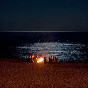 人們在夜晚的海灘上圍坐在營火旁，背景是海洋。