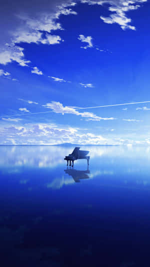 三角鋼琴漂浮在平靜的藍色水面上，倒映著天空和雲朵。 — 向日葵田 壁紙