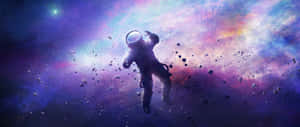 太空人與浮石一起在色彩繽紛的星雲中漂流。