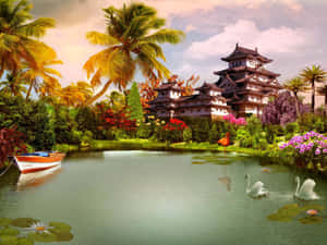 熱帶池塘，天鵝和小船靠近被棕櫚樹和色彩繽紛花朵環繞的日本城堡。