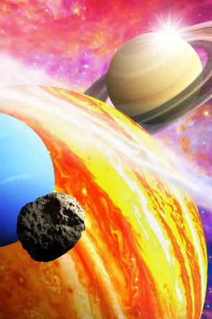 充滿活力的宇宙場景，有土星、熾熱行星、藍色行星和小行星在彩色星雲中。 — 太空 壁紙