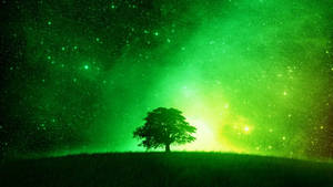 在發光的綠色星空下，山丘上的一棵孤樹。