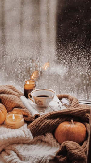 雨窗旁有南瓜、蠟燭和毯子的舒適秋日靜物。