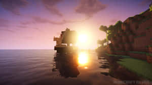 Minecraft 日落，木製碼頭和長滿草的懸崖倒映在平靜的水中。