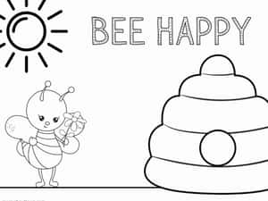 可愛的蜜蜂在太陽下拿著花靠近蜂巢，帶有 'BEE HAPPY' 文字。