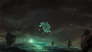 一個發光的外星文物在夜間懸浮在黑暗的海洋上。