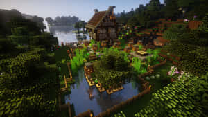 一個Minecraft村莊，有木屋和圍欄，旁邊是湖，周圍環繞著樹木。