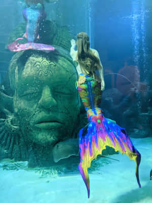 彩虹尾巴美人魚在水族館中游過巨大石頭頭像旁邊。