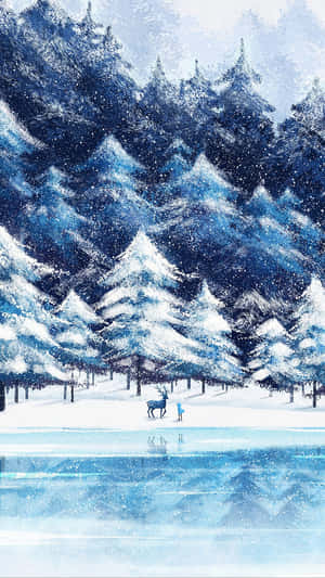 孩子和鹿在結冰的湖邊，雪森林中