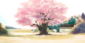 一棵盛開的粉紅櫻花樹，旁邊是寧靜鄉村中的小屋。 — 粉紅動漫美學 壁紙
