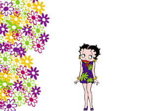 Betty Boop 身穿紫色花卉連衣裙，戴著和平標誌項鍊，站在色彩繽紛的雛菊旁。 — 復古美學 壁紙