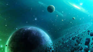 一顆藍色行星，在青綠色星空中帶有衛星和小行星。 — 淺綠色美學動態圖 壁紙