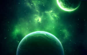 星雲中的兩顆發光綠色行星 — 淺綠色美學動態圖 壁紙