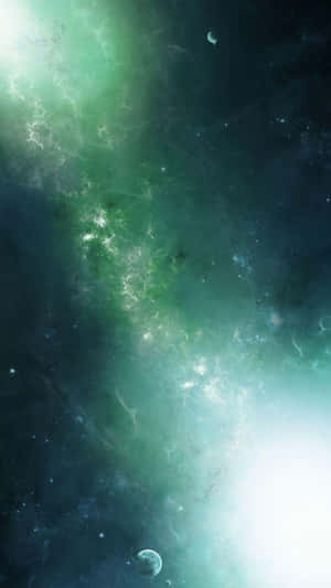 在深空中，充滿活力的綠色星雲，帶有發光的氣體雲和遙遠的行星。 — 淺綠色美學動態圖 壁紙